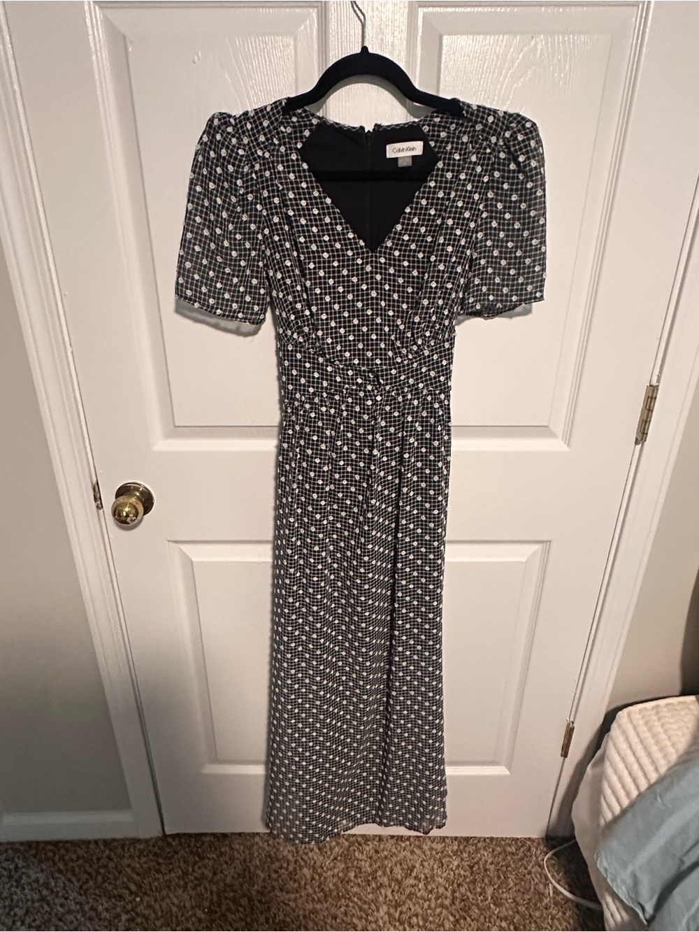 Calvin Klein Black and White Polka Dot Maxi Dress with Puff Sleeves